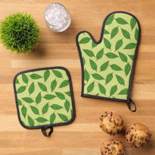 Ensemble De Gant De Cuisine Et De Manique Motif De Feuilles, Motif De Feuilles, Feuilles De