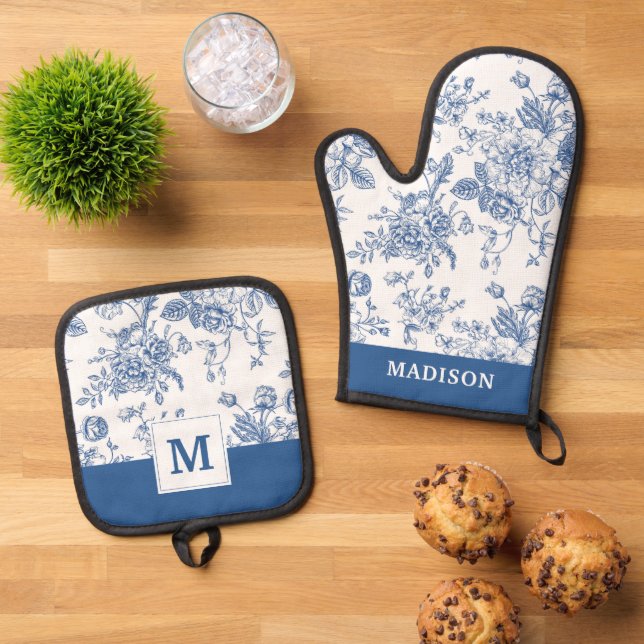 Ensemble De Gant De Cuisine Et De Manique Motif de fleurs bleues (De haut en bas)