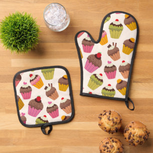 Ensemble De Gant De Cuisine Et De Manique Motif de gâteau, Motif de muffin, Chocolat, Coeurs