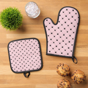 Ensemble De Gant De Cuisine Et De Manique Motif de la Couronne rose et noire