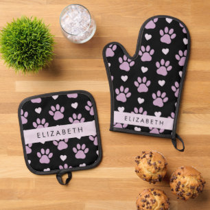 Ensemble De Gant De Cuisine Et De Manique Motif De Pâtes, Pâtes Lilac, Coeurs, Votre Nom