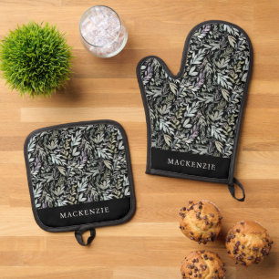 Ensemble De Gant De Cuisine Et De Manique Motif de peinture aquarelle botanique noir personn