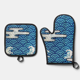 Ensemble De Gant De Cuisine Et De Manique Motif de vague traditionnel japonais