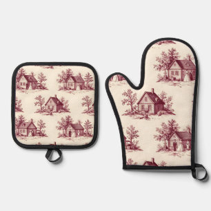 Ensemble De Gant De Cuisine Et De Manique Motif de village toile de Bourgogne vintage