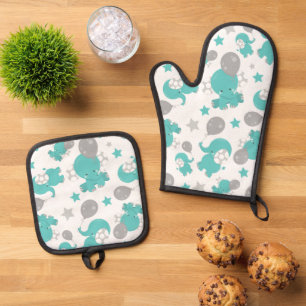 Ensemble De Gant De Cuisine Et De Manique Motif Des Eléphants Bleus, Eléphants Mignons, Étoi