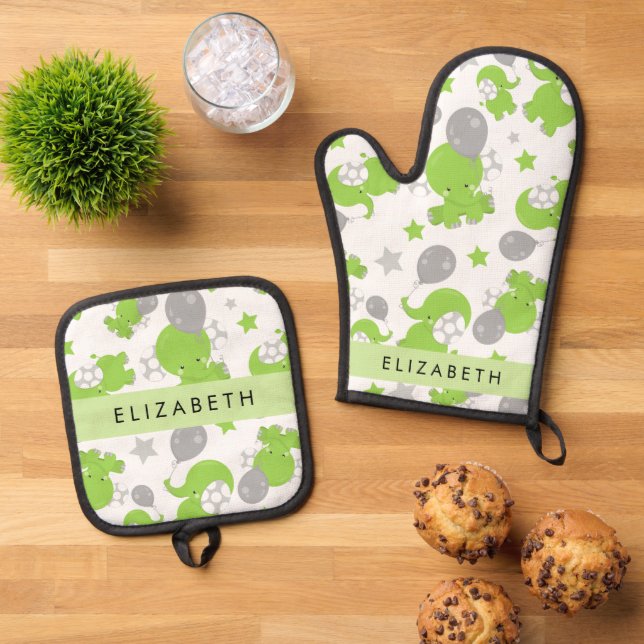 Ensemble De Gant De Cuisine Et De Manique Motif Des Eléphants Verts, Étoiles, Votre Nom (De haut en bas)