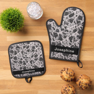 Ensemble De Gant De Cuisine Et De Manique Motif en dentelle noir et blanc personnalisé