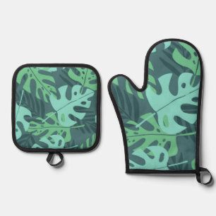 Ensemble De Gant De Cuisine Et De Manique motif feuille