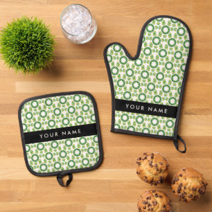 Ensemble De Gant De Cuisine Et De Manique Motif feuille, Feuilles verts, votre nom