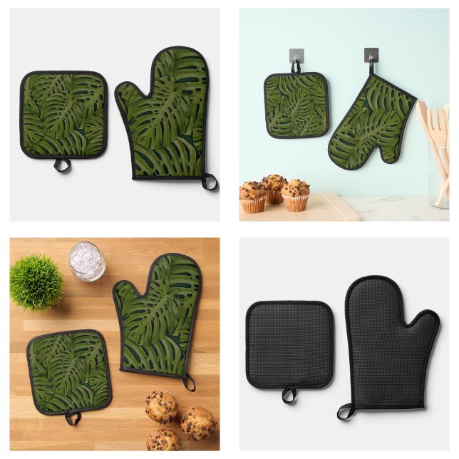 Ensemble De Gant De Cuisine Et De Manique Motif Feuilles Vertes (Green Leaves Pattern Oven Mitt & Pot Holder Set
)