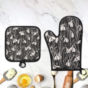Ensemble De Gant De Cuisine Et De Manique Motif flocon noir et blanc
