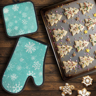 Ensemble De Gant De Cuisine Et De Manique Motif Flocons de Neige Bleu Turquoise Doux Gel Hiv