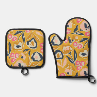 Ensemble De Gant De Cuisine Et De Manique Motif floral à l'encre gras et main levée de jardi