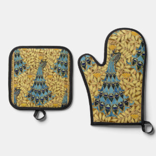 Ensemble De Gant De Cuisine Et De Manique Motif floral au paon bleu Art nouveau vintage