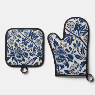 Ensemble De Gant De Cuisine Et De Manique Motif floral bleu complexe sur fond clair