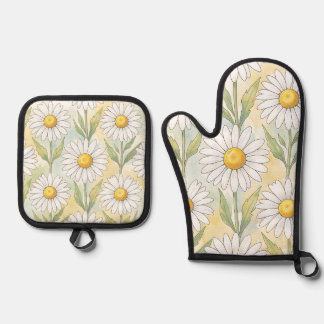Ensemble De Gant De Cuisine Et De Manique Motif floral de marguerite blanche joyeuse