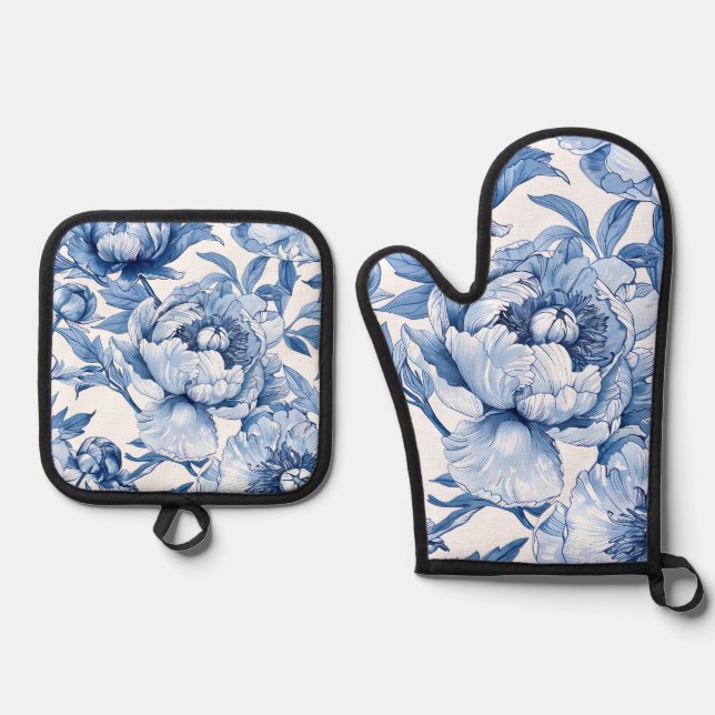 Ensemble De Gant De Cuisine Et De Manique Motif floral élégant bleu et blanc botanique (Recto)