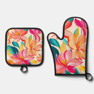 Ensemble De Gant De Cuisine Et De Manique Motif floral peint vibrant