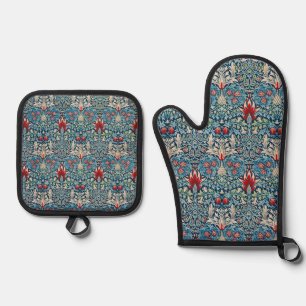 Ensemble De Gant De Cuisine Et De Manique Motif floral sur fond bleu de feuilles vertes