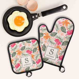 Ensemble De Gant De Cuisine Et De Manique Motif floral tropical à l'aquarelle monogramme et