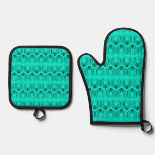 Ensemble De Gant De Cuisine Et De Manique motif géométrique couleurs néon vert