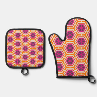 Ensemble De Gant De Cuisine Et De Manique Motif géométrique moderne rose et orange rétro