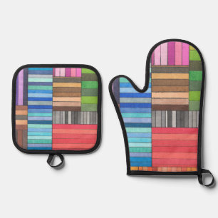 Ensemble De Gant De Cuisine Et De Manique Motif géométrique rayé coloré en arc-en-ciel
