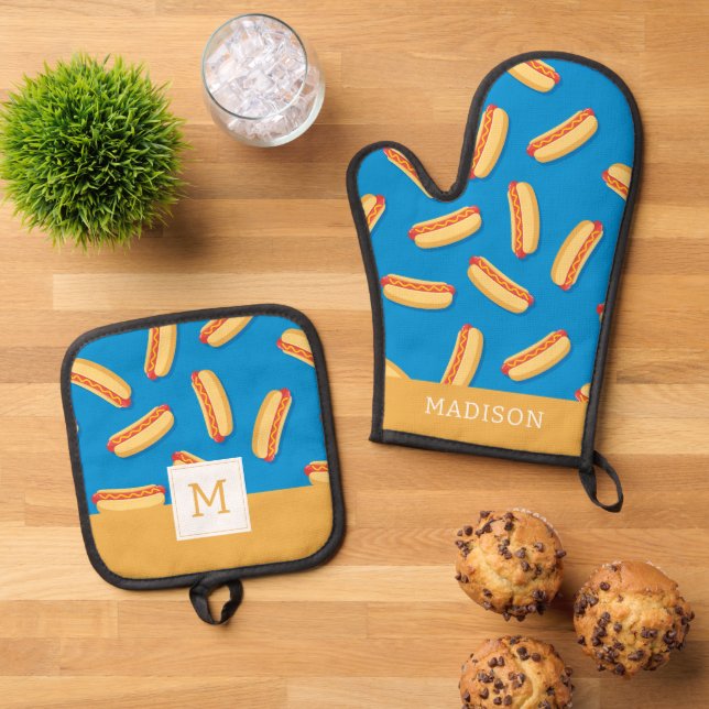 Ensemble De Gant De Cuisine Et De Manique Motif Hotdogs de restauration rapide (De haut en bas)