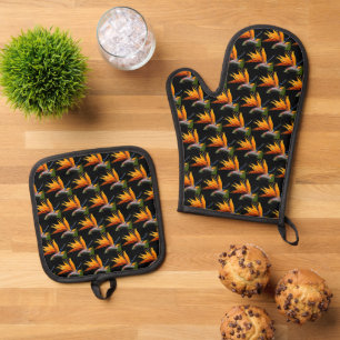 Ensemble De Gant De Cuisine Et De Manique Motif Plante Orange Bird of Paradise sur Noir