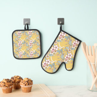 Ensemble De Gant De Cuisine Et De Manique Motif répété dans les couleurs pastel