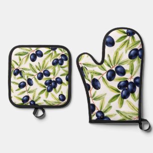 Ensemble De Gant De Cuisine Et De Manique Motif sans couture d'olives noires à l'aquarelle é