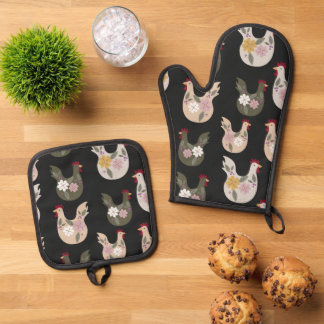 Ensemble De Gant De Cuisine Et De Manique Motif sans soudure de Pâques avec poulet.