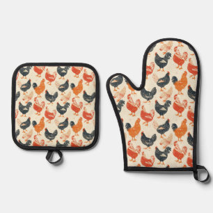 Ensemble De Gant De Cuisine Et De Manique Motif Vintage poulet