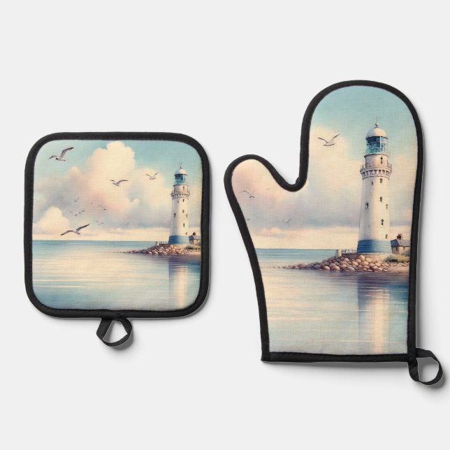 Ensemble De Gant De Cuisine Et De Manique Mouette de phare côtier sous un ciel pastel serein (Recto)
