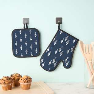 Ensemble De Gant De Cuisine Et De Manique Musical Treble Clef Motif Marine Bleu