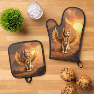 Ensemble De Gant De Cuisine Et De Manique Mystical Winged Cat Sphinx - Art Imaginaire égypti