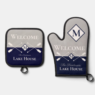 Ensemble De Gant De Cuisine Et De Manique Nautique Moderne Maison de Lac Monogramme Bleu Mar
