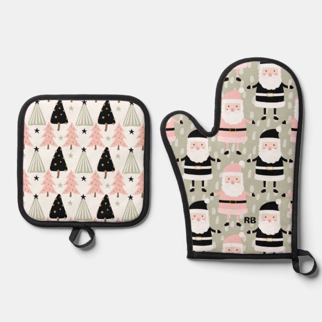 Ensemble De Gant De Cuisine Et De Manique Noël rose et vert (Recto)