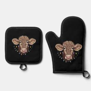 Ensemble De Gant De Cuisine Et De Manique Noël Vache Luminaire Ferme Fermier Noël