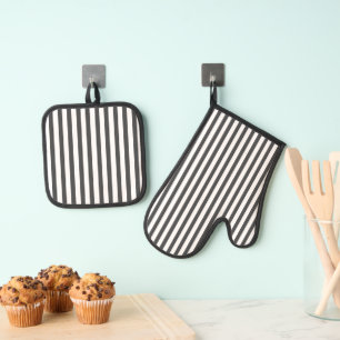Ensemble De Gant De Cuisine Et De Manique Noir moderne et blanc rayé