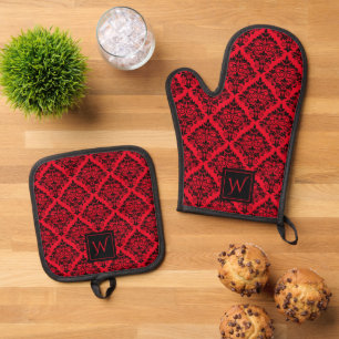 Ensemble De Gant De Cuisine Et De Manique Noir Rouge Gothique Damassé Motif Floral Monogramm