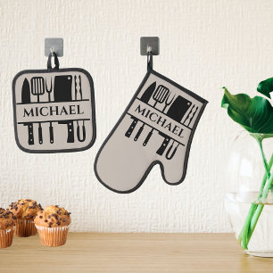 Ensemble De Gant De Cuisine Et De Manique Nom du monogramme Barbecue Chef Cuisinier Grillade