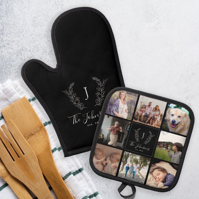 Ensemble De Gant De Cuisine Et De Manique Nom monogramme de famille multi photo collage noir (Créateur téléchargé)