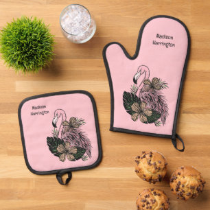 Ensemble De Gant De Cuisine Et De Manique Nom personnalisé et couleur Flamant rose rose