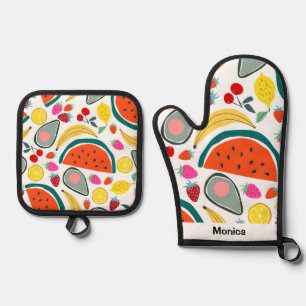 Ensemble De Gant De Cuisine Et De Manique Nom personnalisé Fond de fruits mignons