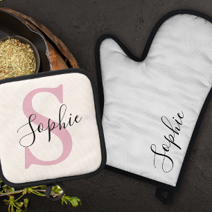 Ensemble De Gant De Cuisine Et De Manique Nom personnalisé moderne Monogramme rose