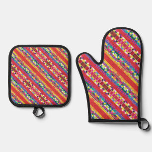 Ensemble De Gant De Cuisine Et De Manique nuances rouges, bandes et pixels colorés