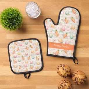 Ensemble De Gant De Cuisine Et De Manique Œufs de Pâques et carottes pastel motif aquarelle