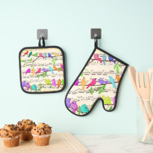 Ensemble De Gant De Cuisine Et De Manique Oiseaux musicaux colorés Ensemble de porte-jarrete
