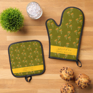 Ensemble De Gant De Cuisine Et De Manique Olive Green grandma stylish floral pattern